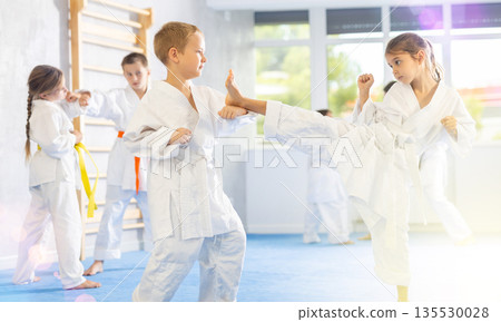 Karate students engage in sparring 135530028