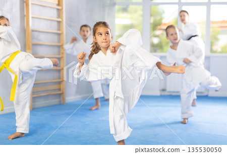 Group of children in kimono trying new martial moves at karate class Group of children in kimono trying new martial moves at karate class 135530050