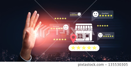 Digital illustration of hand signaling positive feedback for online business reviews with stars and ratings in a modern city background Gantry Digital illustration of hand signaling positive feedback for online business reviews with stars and ratings in a modern city background Gantry 135530305
