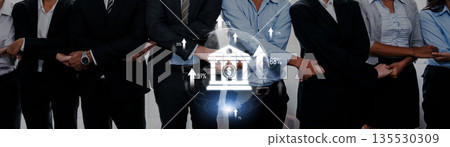 Professional Team Collaboration with Financial Graphs and Icons Representing Business Growth and Success in Modern Corporate Environment Trope 135530309