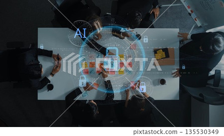Business Meeting Focused on AI Security and Innovation with Diverse Professionals Collaborating Around a Modern Table. Raster 135530349