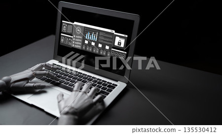 Robotic Hand Operating Laptop with User Interface Display, Data Analysis, Technology and Innovation Concept in Modern Digital Environment Gantry Robotic Hand Operating Laptop with User Interface Display, Data Analysis, Technology and Innovation Concept in Modern Digital Environment Gantry 135530412