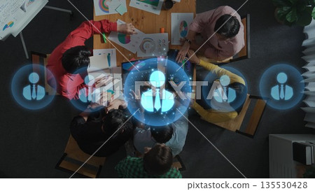 Collaborative Team Brainstorming Session with Visual Data and Creative Ideas in Modern Workplace Environment. Raster 135530428