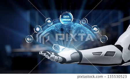 Futuristic Robotic Arm Presenting Digital Icons Representing Data-Driven Technology and Global Connectivity with Light Effects and a Blurred Background Synapse Futuristic Robotic Arm Presenting Digital Icons Representing Data-Driven Technology and Global Connectivity with Light Effects and a Blurred Background Synapse 135530523