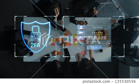 Collaborative Business Meeting Focusing on Digital Security and Two-Factor Authentication with Team Members Using Technology and Communication Tools. Raster Collaborative Business Meeting Focusing on Digital Security and Two-Factor Authentication with Team Members Using Technology and Communication Tools. Raster 135530556
