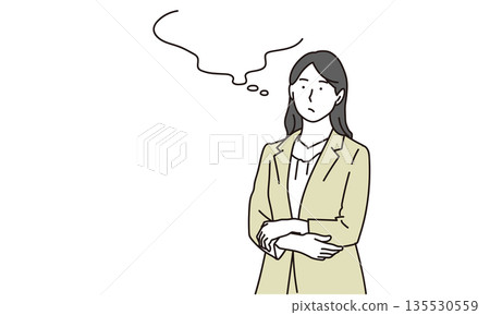插畫素材:一位女商務人士斜向上看,正在思考。 插畫素材:一位女商務人士斜向上看,正在思考。 135530559