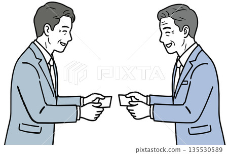 一幅線條畫,描繪了兩位身著西裝的日本商人面帶微笑地交換名片。 一幅線條畫,描繪了兩位身著西裝的日本商人面帶微笑地交換名片。 135530589