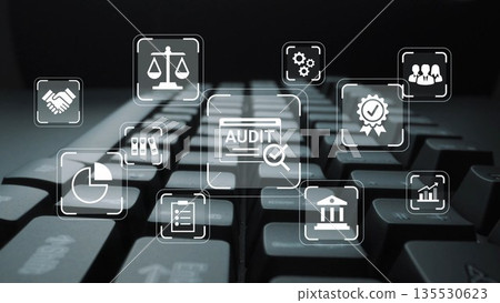Digital workspace with keyboard and various icons representing audit, scales of justice, data analysis, teamwork, and quality assurance concepts in modern business Gluon Digital workspace with keyboard and various icons representing audit, scales of justice, data analysis, teamwork, and quality assurance concepts in modern business Gluon 135530623
