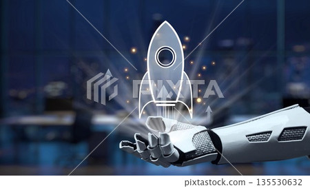 Futuristic robotic hand presenting rocket icon with motion effect in modern office environment showcasing technology and innovation concepts Synapse Futuristic robotic hand presenting rocket icon with motion effect in modern office environment showcasing technology and innovation concepts Synapse 135530632