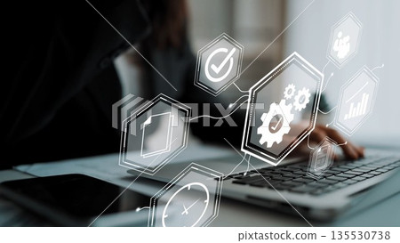 Modern Businesswoman Working on Laptop with Conceptual Digital Graphics Representing Data Analysis and Project Management in Contemporary Office Setting Gluon 135530738
