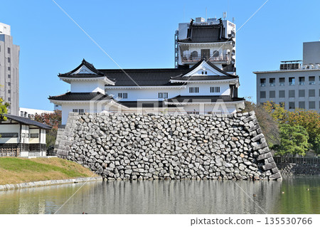 越中國富山城:晴朗天氣下的城堡天守閣、護城河和石牆 越中國富山城:晴朗天氣下的城堡天守閣、護城河和石牆 135530766