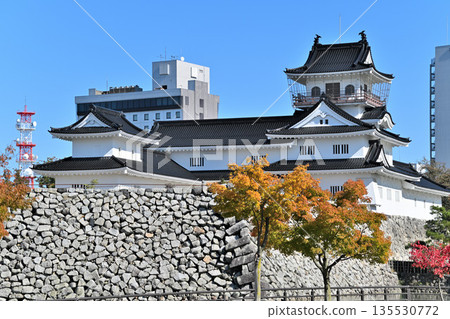 Toyama Castle in Etchu Province: The castle tower, moat, and stone walls on a clear day Toyama Castle in Etchu Province: The castle tower, moat, and stone walls on a clear day 135530772