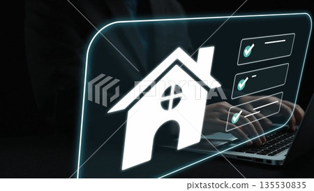 Digital Real Estate Management Concept with Abstract House Icon on Laptop Screen and Hands Typing in Dark Setting for Real Estate Industry Gluon Digital Real Estate Management Concept with Abstract House Icon on Laptop Screen and Hands Typing in Dark Setting for Real Estate Industry Gluon 135530835