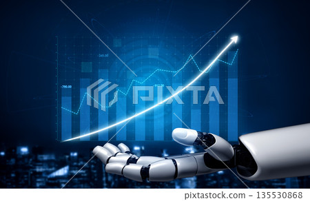 Futuristic Robot Hand Presenting Digital Financial Growth Chart Against Abstract Blue Background Impute Futuristic Robot Hand Presenting Digital Financial Growth Chart Against Abstract Blue Background Impute 135530868
