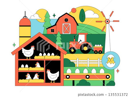 Poultry Farm Vector Illustration Featuring Chickens, Roosters, Straw, Cage, And Eggs On Green Field Scenery In Flat Cartoon Background Design 135531372