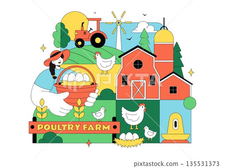 Poultry Farm Vector Illustration Featuring Chickens, Roosters, Straw, Cage, And Eggs On Green Field Scenery In Flat Cartoon Background Design Poultry Farm Vector Illustration Featuring Chickens, Roosters, Straw, Cage, And Eggs On Green Field Scenery In Flat Cartoon Background Design 135531373