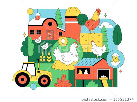 Poultry Farm Vector Illustration Featuring Chickens, Roosters, Straw, Cage, And Eggs On Green Field Scenery In Flat Cartoon Background Design Poultry Farm Vector Illustration Featuring Chickens, Roosters, Straw, Cage, And Eggs On Green Field Scenery In Flat Cartoon Background Design 135531374