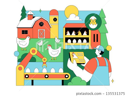 Poultry Farm Vector Illustration Featuring Chickens, Roosters, Straw, Cage, And Eggs On Green Field Scenery In Flat Cartoon Background Design Poultry Farm Vector Illustration Featuring Chickens, Roosters, Straw, Cage, And Eggs On Green Field Scenery In Flat Cartoon Background Design 135531375