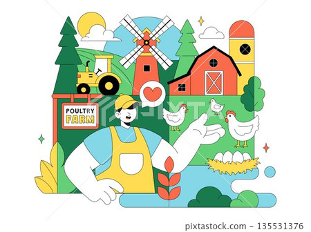 Poultry Farm Vector Illustration Featuring Chickens, Roosters, Straw, Cage, And Eggs On Green Field Scenery In Flat Cartoon Background Design 135531376