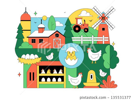 Poultry Farm Vector Illustration Featuring Chickens, Roosters, Straw, Cage, And Eggs On Green Field Scenery In Flat Cartoon Background Design Poultry Farm Vector Illustration Featuring Chickens, Roosters, Straw, Cage, And Eggs On Green Field Scenery In Flat Cartoon Background Design 135531377