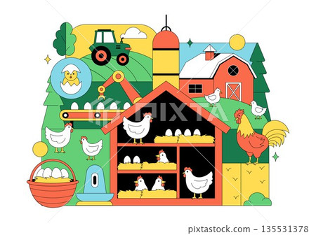 Poultry Farm Vector Illustration Featuring Chickens, Roosters, Straw, Cage, And Eggs On Green Field Scenery In Flat Cartoon Background Design Poultry Farm Vector Illustration Featuring Chickens, Roosters, Straw, Cage, And Eggs On Green Field Scenery In Flat Cartoon Background Design 135531378