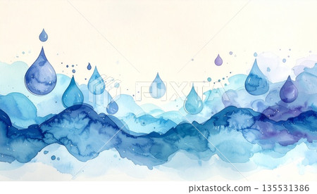 Abstract background graphic of floating water droplets and rippling blue watercolor 135531386