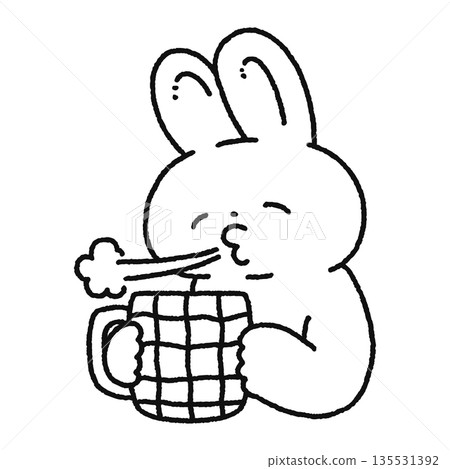 Cute rabbit cooling down a hot drink - line drawing 135531392