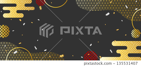 Black and gold modern Japanese background, luxurious banner material with Japanese patterns and confetti 135531407