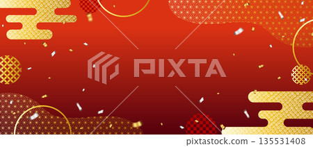 Red and gold modern Japanese background, luxurious banner material with Japanese patterns and confetti 135531408