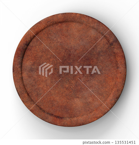 Close-Up of Aged Weathered Round Metal Coin with Rustic Brown Texture. 3D Illustration. File with Clipping Path Close-Up of Aged Weathered Round Metal Coin with Rustic Brown Texture. 3D Illustration. File with Clipping Path 135531451
