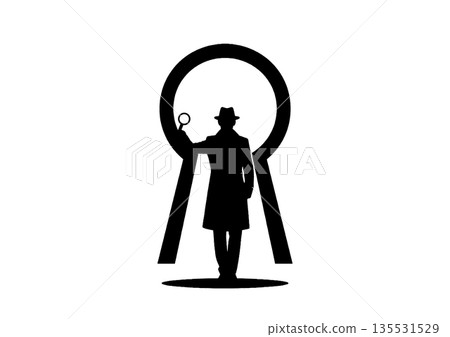 A concept image of investigation, analysis, and mystery with a keyhole and a detective silhouette A concept image of investigation, analysis, and mystery with a keyhole and a detective silhouette 135531529