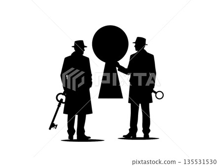 A concept image of investigation, analysis, and mystery with a keyhole and a detective silhouette A concept image of investigation, analysis, and mystery with a keyhole and a detective silhouette 135531530