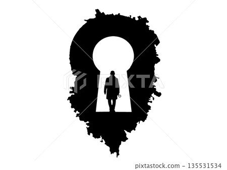一張概念圖，展現了調查、分析和懸疑的場景，圖中有一個鑰匙孔和一個偵探剪影。 135531534