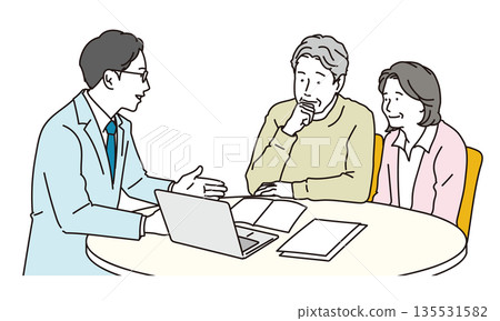 Illustration material of a senior couple and a male representative having face-to-face consultation Illustration material of a senior couple and a male representative having face-to-face consultation 135531582