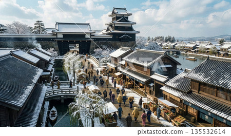 金澤城－城堡大門前白雪皚皚的冬日景色，以及垂柳搖曳的水道。 135532614