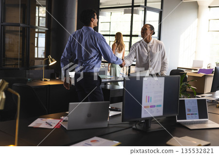 Business professionals shaking hands in modern office, sealing successful deal Business professionals shaking hands in modern office, sealing successful deal 135532821
