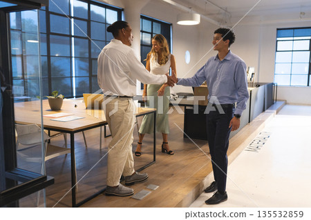 Business professionals shaking hands in modern office, collaborating on project Business professionals shaking hands in modern office, collaborating on project 135532859