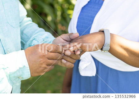 Senior couple exchanging rings outdoors, celebrating love and commitment together 135532966