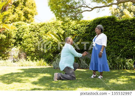 African American man proposing to woman in garden, both smiling and happy African American man proposing to woman in garden, both smiling and happy 135532997