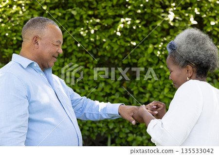 Senior couple enjoying outdoor moment, smiling and holding hands in garden Senior couple enjoying outdoor moment, smiling and holding hands in garden 135533042