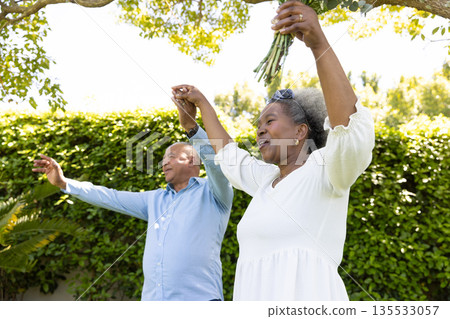 Senior couple joyfully dancing outdoors, holding hands and celebrating together Senior couple joyfully dancing outdoors, holding hands and celebrating together 135533057