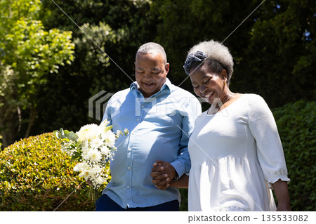 African American senior couple walking hand in hand outdoors, smiling joyfully African American senior couple walking hand in hand outdoors, smiling joyfully 135533082