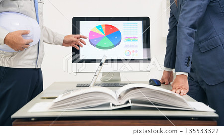 一群商務人士和工人正在開會，同時看著一台電腦。 135533322