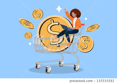 Happy African American woman sitting on shopping cart using laptop with floating gold coins. Online shopping cash back, e-commerce business, and financial success concept. Happy African American woman sitting on shopping cart using laptop with floating gold coins. Online shopping cash back, e-commerce business, and financial success concept. 135533581