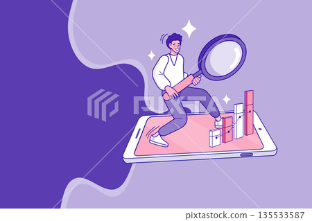 Businessman Using Magnifying Glass to Analyze Financial Growth Chart on Smartphone 135533587