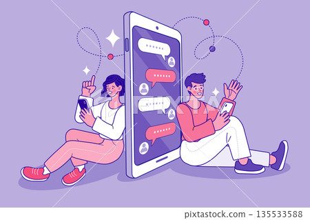 Young Couple Messaging and Connecting via Giant Smartphone App 135533588