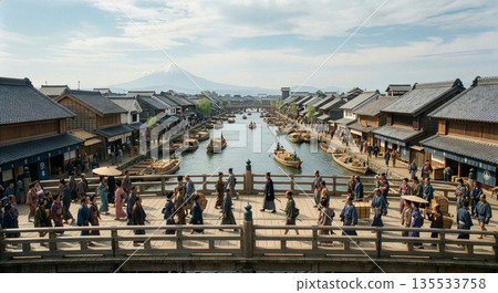 日本橋：江戶時代的物流樞紐，水道縱橫交錯，高橋巍峨聳立，富士山雄偉壯麗，構成了一幅絕美的畫卷。 135533758