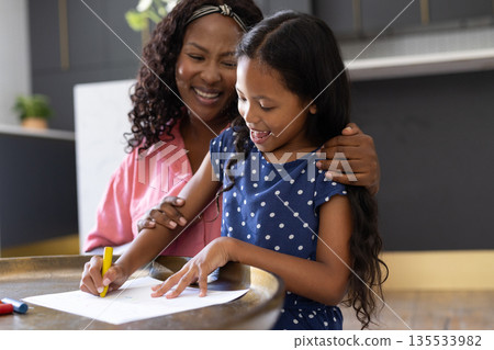 Mother and daughter drawing together at home, sharing joyful moments and creativity 135533982