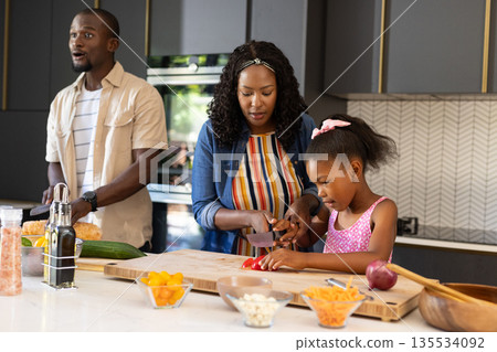 Family preparing meal together in modern kitchen, chopping vegetables and bonding Family preparing meal together in modern kitchen, chopping vegetables and bonding 135534092