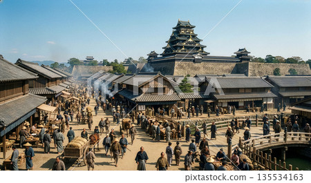 豐臣大阪城腳下熙熙攘攘的市場,以及安土桃山時代普通百姓的日常生活。 豐臣大阪城腳下熙熙攘攘的市場,以及安土桃山時代普通百姓的日常生活。 135534163